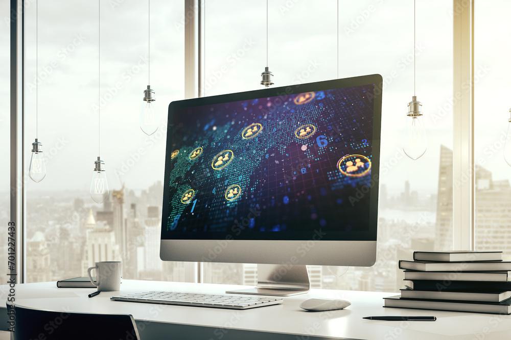 Poster modern computer screen with social network icons concept and world map. networking concept. 3d rende