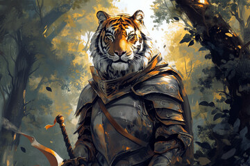 illustration of a forest guard tiger knight - obrazy, fototapety, plakaty