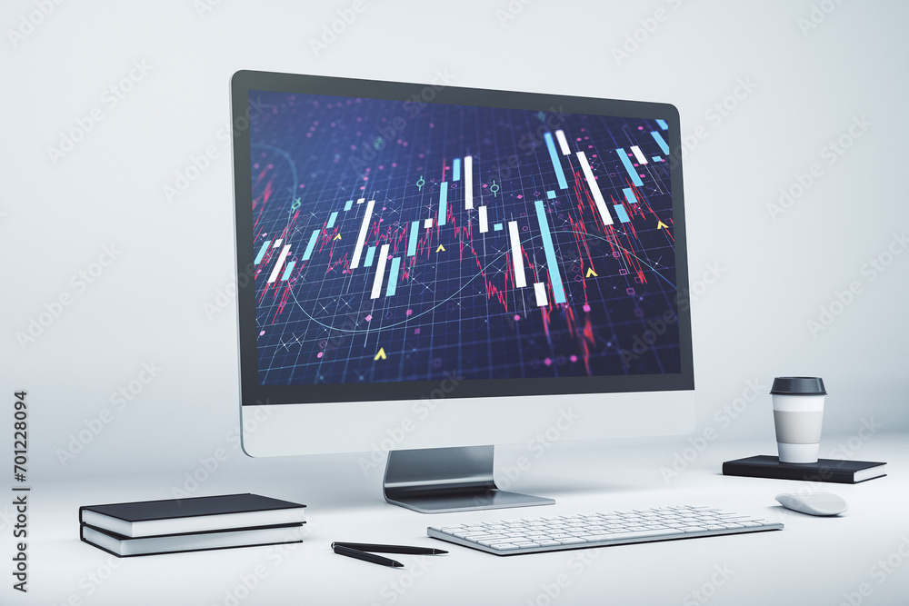 Poster modern computer display with abstract financial graph, financial and trading concept. 3d rendering