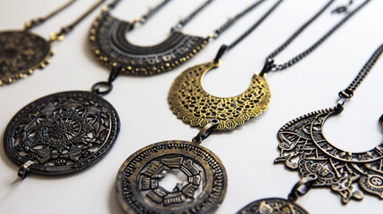 Oxidized metal necklaces with intricate patterns on white.