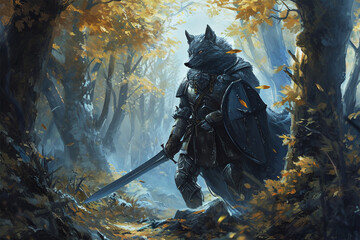 illustration of the forest wolf knight - obrazy, fototapety, plakaty