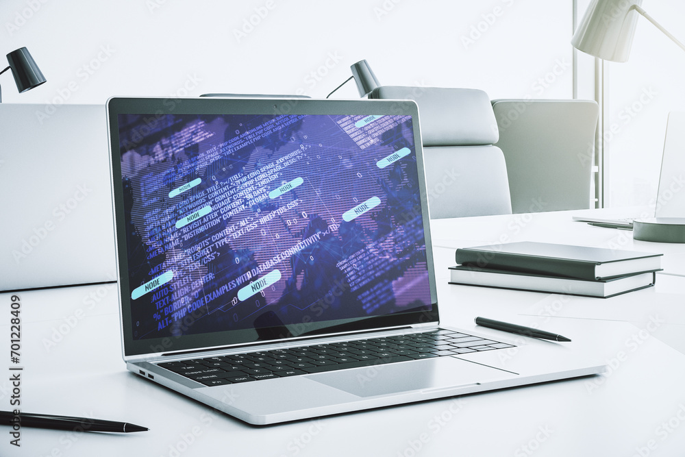 Leinwandbilder abstract creative coding concept with world map on modern laptop screen. 3d rendering