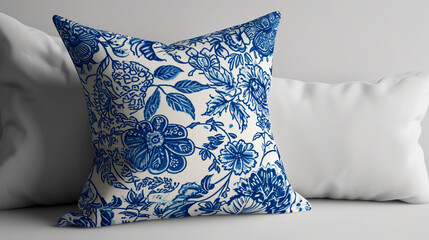 Royal blue throw pillow, abstract floral motifs, white background.