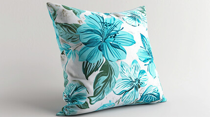 Vibrant turquoise floral throw pillow on white background.