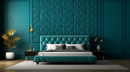 A room with an intricately teal-patterned wall, featuring a white and empty mockup frame and a refined, luxurious bed
