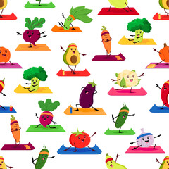 Cartoon vegetable characters on yoga seamless pattern background, vector funny spinach and broccoli. Cute avocado, garlic and tomato vegetable with cucumber and eggplant on yoga exercise mat pattern