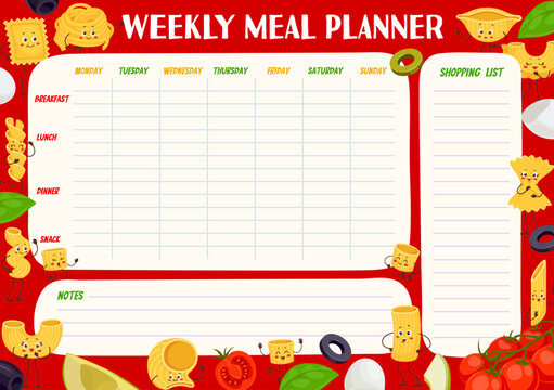 Weekly meal planner schedule. Cartoon funny italian pasta characters food plan vector template with cute farfalle, penne, rigatoni, conchiglie and ravioli. Kawaii macaroni personages, cheese and basil