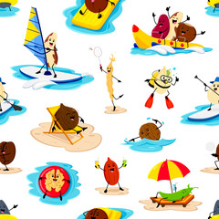 Cartoon cheerful nuts and beans seamless pattern. Vector tile background with coconut, brazil, soy or coffee beans, sunflower or pumpkin seeds and peanut. Green pea, walnut and kidney on the beach
