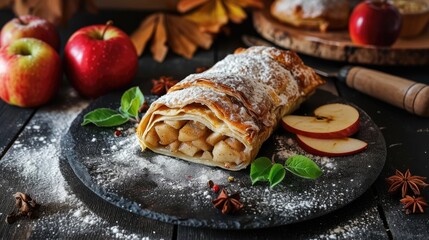 Freshly Baked Apple Strudel with Powdered Sugar and Fall Spices