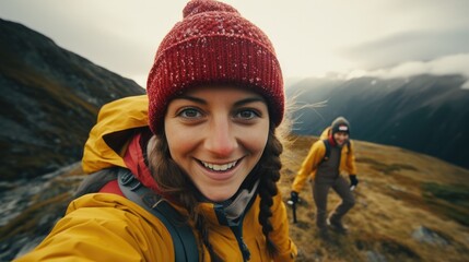 A woman taking a selfie while hiking. Generative AI.