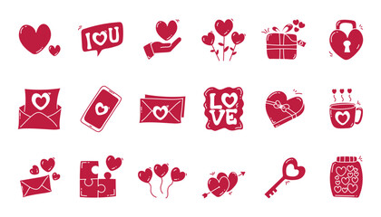 Hand drawn love heart doodle flat icon set. Valentine doodle icon collections.