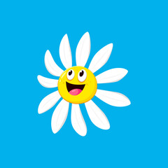 Cartoon chamomile, daisy flower character with happy face emotion. Isolated vector camomile with white petals, wide funny smile. Cute laughing blossom personage, positive smiling bloom emoticon