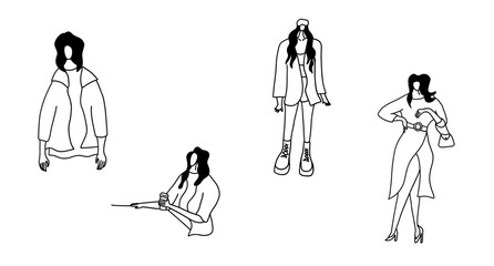 Minimalistic, modern and stylish fashion girls collection. Vector illustration in hand drawn outline doodle contour style isolated on white background. For cover art, poster, wrapping, presentation.