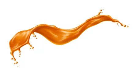 Deurstickers Caramel syrup splash, sauce wave swirl. Isolated golden flow with drops. Juice or toffee squirt. Realistic 3d vector drink slop, liquid sugar candy wavy splosh with creamy texture and spray droplets © Buch&Bee