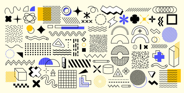 Abstract geometric memphis shapes. Vector set of vibrant and dynamic figures and patterns, featuring bold colors and intersecting lines that evoke a sense of modern and retro design fusion elements