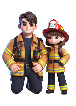 3D-rendered scene featuring a man and girl donned in firefighter job uniforms, presented in PNG format for versatile use. This asset symbolizes bravery, teamwork, and dedication to fire safety.