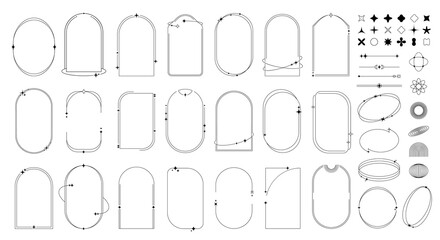 Minimal line figures, frames and borders, star twinkles and sparkles or arch shapes. Isolated monochrome vector linear set of simple outline linear arcs and circles with celestial magical elements - obrazy, fototapety, plakaty