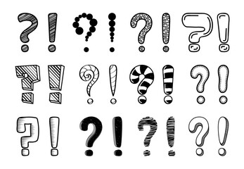 Doodle question and exclamation marks. Vector set of punctuation signs, signal inquiry, seeking answers or express excitement, surprise or urgency, guiding the tone and intensity of written expression - obrazy, fototapety, plakaty