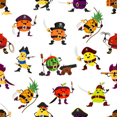 Cartoon fruit pirate and corsair characters seamless pattern, vector background. Funny orange and apple pirates in captain hat with skull crossbones, lemon filibuster and pear buccaneer with sword