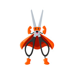 Cartoon scissors school supply superhero and defender character. Isolated vector funny caped shares personage with sharp wit and cutting-edge abilities, always ready to snip through any challenge