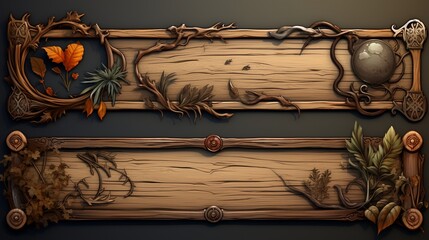 Game ui fantasy frames, rank frames, Ui game borders evolution wooden,medieval ancient facecam menu. A beautiful fantastic children's play template isolated on background. - obrazy, fototapety, plakaty
