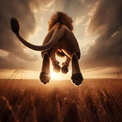 Foto op Plexiglas anti-reflex Back low angle view of lion leaping jumping up in African grassland, animal action concept © palangsi