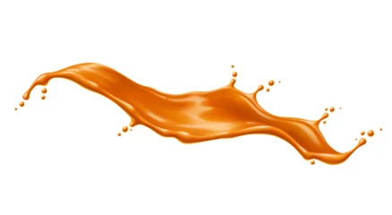 Poster Caramel sauce flow wave splash. Vector 3d splash of milk cream toffee candy with drops and ripples. Realistic liquid brown syrup of melted sugar, butter and cream, dessert food or confectionery © Buch&Bee