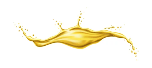 Fotobehang Yellow beer, oil or juice splashes, realistic liquid swirl and wave flow, vector background. Golden paint, honey or sugar syrup and oil wave spill with drops splatter in splash of sweet candy flow © Buch&Bee