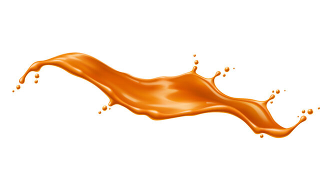Caramel sauce flow wave splash. Vector 3d splash of milk cream toffee candy with drops and ripples. Realistic liquid brown syrup of melted sugar, butter and cream, dessert food or confectionery