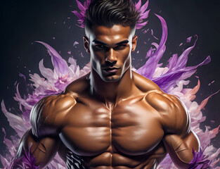Fototapeta na wymiar männliches Fitness Model mit lila weißem Hintergrund