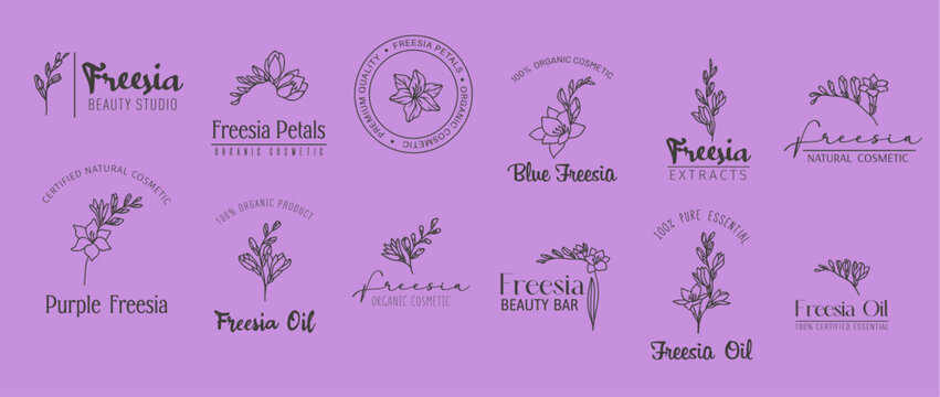 Freesia minimal logo. Natural cosmetics, oil and beauty symbols with freesia flowers, epitomizing elegance and beauty, capturing natural grace and allure, isolated vector set on lilac background