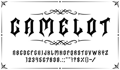 Gothic font, retro medieval type, vintage tattoo typeface, antique English alphabet. Vector latin european letters in style of past centuries. Symbols, numbers and signs for monogram and calligraphy - obrazy, fototapety, plakaty