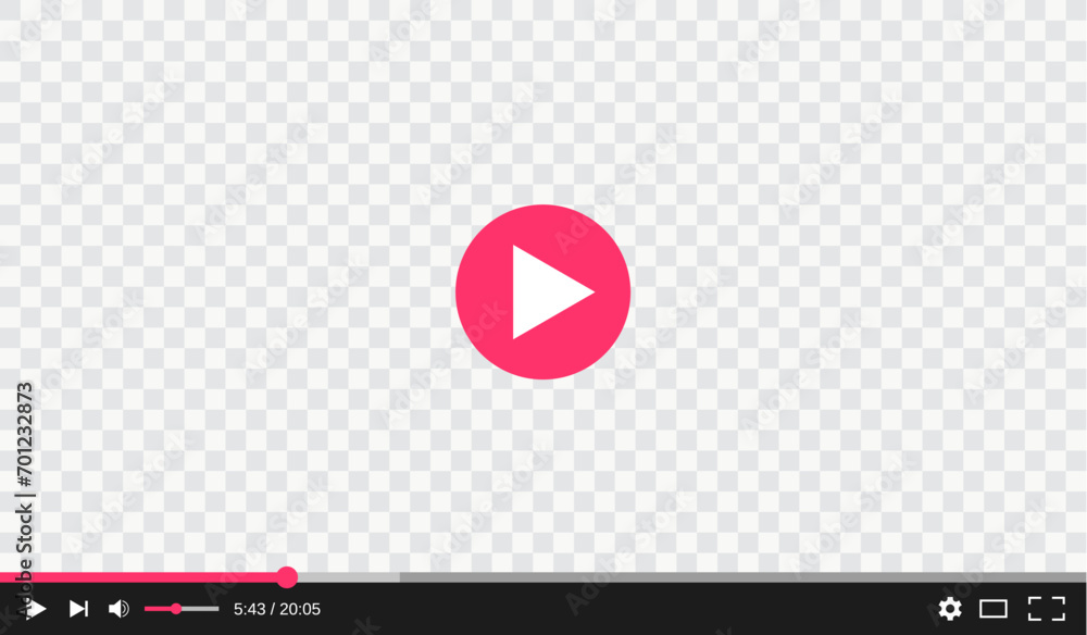 Wall mural transparent video player with play and control buttons interface, vector template. digital web video