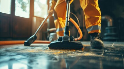 Close up of male using dust removal with modern vacuum cleaner. Construction cleaning service. - obrazy, fototapety, plakaty
