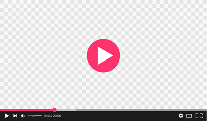 Transparent video player with play and control buttons interface, vector template. Digital web video player window with screen frame on transparent background with menu bar for online stream media - obrazy, fototapety, plakaty