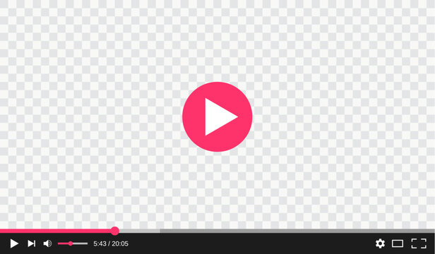 Transparent video player with play and control buttons interface, vector template. Digital web video player window with screen frame on transparent background with menu bar for online stream media