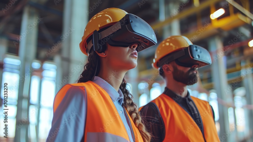 Poster modern construction worker using vr gear to visualize projects on site. construction technology conc