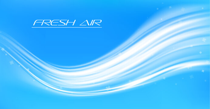 Fresh air flow or cold wind wave with snowflakes or snow motion effect, vector light blue background. Fresh cool air flow or wind stream for AC conditioner, purifier or fresh climate technology