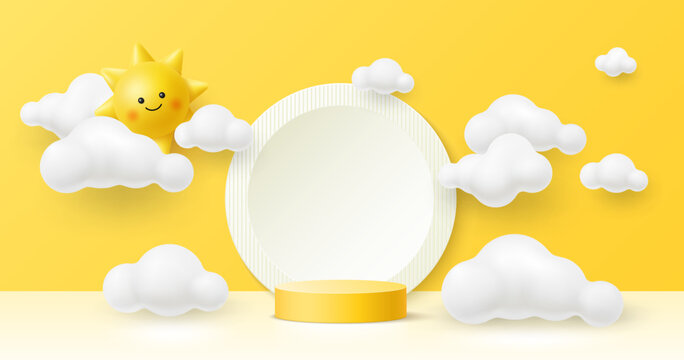 Yellow 3D kid podium stage with sun character and white clouds for baby products display, vector background. Kids podium stand with happy summer sun with funny face, platform cylinder and dream clouds