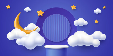 3D kid podium stage with moon and white clouds in sky for baby children, vector product display. Kids podium stand background with platform cylinder and dream blue clouds, crescent moon and stars