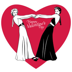 Two Women Hold Hands with heart background. Valentine's Day design for greeting card, invitation, poster.
