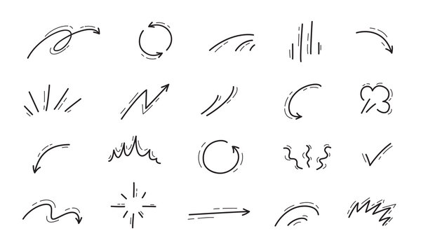 Hand drawn doodle movement motion lines, arrows and puff clouds, cartoon vector effects. Abstract symbols of spiral arrow or curve wave lines, check mark and rotation movement in doodle scribble