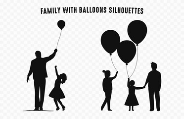 Family with balloons Silhouette vector isolated on a white background, Father with daughter with balloon black Silhouette clipart