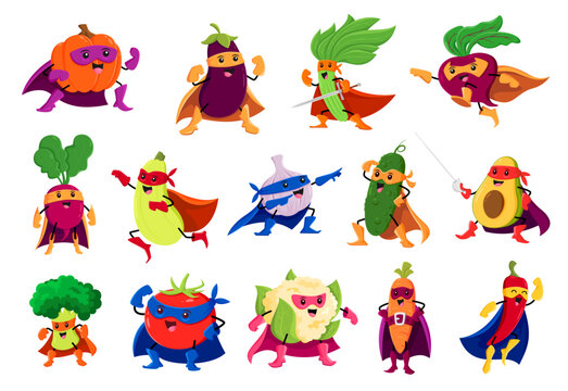 Cartoon vegetable superhero characters. Vector pumpkin, eggplant, spinach and beetroot. Radish, squash, garlic or cucumber, avocado, broccoli and tomato with cauliflower, carrot and red chili pepper