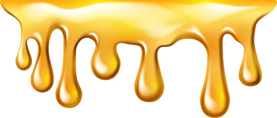 Melting or dripping honey, isolated sticky organic liquid with drops. Vector caramel or maple syrup flowing, clear mead or juice, realistic oil or amber essence