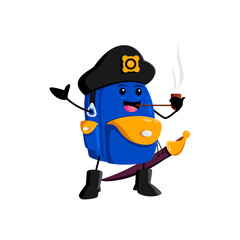 Cartoon school bag pirate and corsair character. Isolated vector playful backpack captain personage in tricorn, smoking the pipe, ready to accompany young adventurers on their educational journey