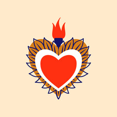 Mexican sacred Jesus heart retro sticker. Mexican God heart , Christian religion spiritual apparel print or Mexico sacred vector symbol. Latin America love tattoo or patch with fire and leaves