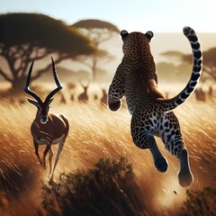 Back low angle view of leopard leaping towards antelope in African savannah, animal predator prey action concept
