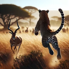  Back low angle view of leopard leaping towards antelope in African savannah, animal predator prey action concept © palangsi