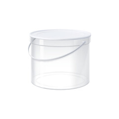Realistic plastic bucket, container or bin. Isolated 3d vector transparent empty pail with handle and lid. Empty round package template for storage of food, honey, mayonnaise or ice cream, front view